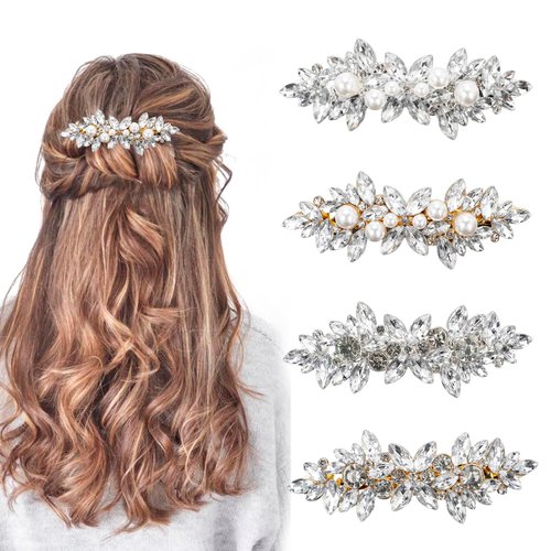 4Pcs Rhinestone Hair Clips Silver Gold Crystal Prom Barrettes Fancy Flower French Hairpins Sparkle Wedding Prom First Communion Accessories for Women Girls Bridal Thick Long Hair