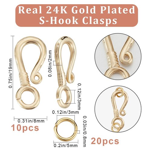 Beebeecraft 1 Box 10Pcs S Hook Clasps 24K Gold Plated Hook Ring Toggle Clasps Connectors with 20Pcs Open Jump Rings Wire Hanger Jewelry Findings for DIY Necklace Bracelet Making