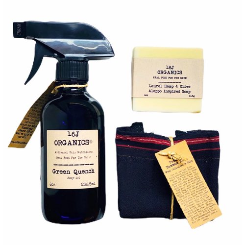 16J Organics Spa Set - Turkish Bath Hammam Inspired - Organic 100% Natural 8oz Green Quench, Body Oil Moisturizer - Traditional Kese Scrub Mitt - Artisan Laurel Berry Aleppo Influenced Soap