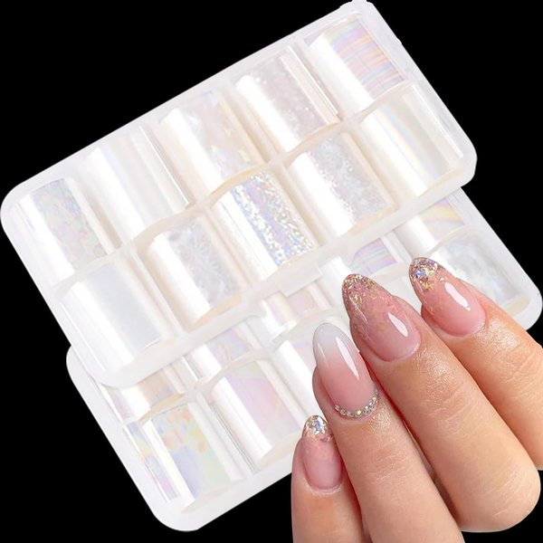 JERCLITY 20 Rolls Aurora Transparent Nail Foil Transfer Sticker Kit Holographic Nail Art Foil Transfer Roll Set Iridescence Nail Foil Transfer Stickers Foil Nail Wraps for Foil Nail Art