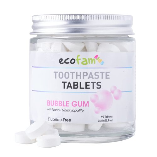 Ecofam Kids Toothpaste Chewable Tablets - 90 Natural Xylitol Tabs - Zero Waste Glass Jar - Travel Friendly - Fluoride-Free -with Nano Hydroxyapatite -Vegan - Made in The USA (Bubble Gum)