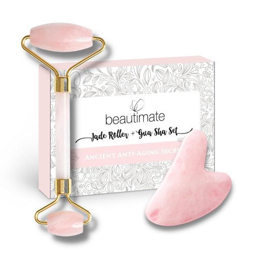 beautimate Quartz Rose Jade Roller and Gua Sha Facial Set Kit for Face Skincare, Stone Sculpting Tool, Lymphatic Drainage Guasha Massager for Skin Care Wrinkles Reduction Lifting Massage (Rose Quartz)