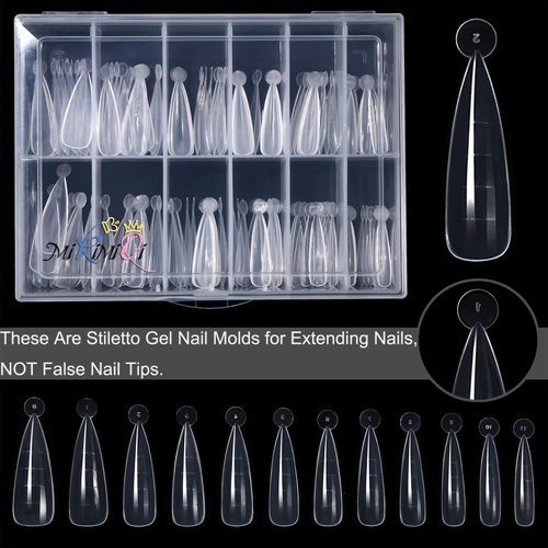 MIKIMIQI Dual Nail Forms Set Poly Gel Quick Building Nail Kit, 120Pcs Stiletto Gel Nail Molds with 10Pcs Acrylic Nail Tips Clips 1Pc Dual-Ended Poly Extension Gel Brush Nail File for Polygel Extension