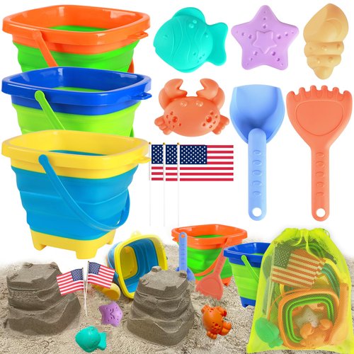 Carlerait Beach Toys Set for Kids, Collapsible Beach Bucket and Shovels Set with Mesh Beach Toys Bag, Sand Molds, Flags, Sand Toys for Toddlers Kids