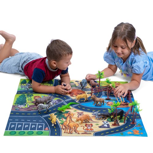JoyKip Safari Animals Figures Toys with Activity Play Mat & Trees 21 Piece Plastic Animals Figures Wild Zoo Animal Figures for Toddlers Animal Toys for Kids 3+