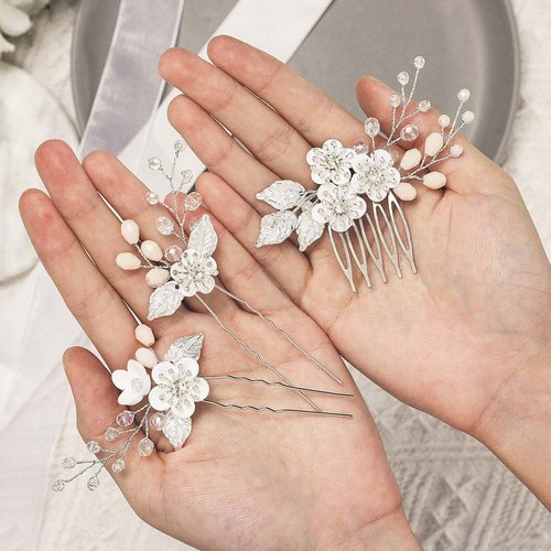 Easedaily 3 Piece Flower Wedding Hair Pins Silver Leaf Bridal Hair Clips Headpiece Vintage Rhinestone Hair Comb Hair Accessories for Women and Bride