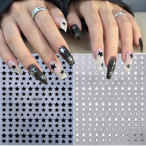 6 Sheets Star Nail Stickers 3D Glitter Shiny Gold Silver White Black Stars Nail Art Sticker Geometry Star Sticker DIY Transfer Decal Designs Nail Tips DIY Manicure Luxury Nail Art Decoration Supplies