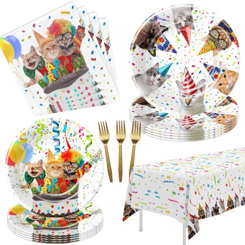 APOWBLS Cat Birthday Party Supplies - Cat Party Decorations Dinnerware, Plates, Cups, Napkins, Tablecloth, Fork, Kitten Birthday Party Supplies, Cat Birthday Table Decorations Tableware | Serve 24