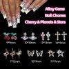 105 Pcs Silver+Gold Nail Gems Charms, Bow Moon Snake Planet Butterfly Heart Pink Cherry Nail Charms 3D Nail Art Jewelry Alloy Rhinestones Gems+Charms for Nail Art DIY Jewel Accessories