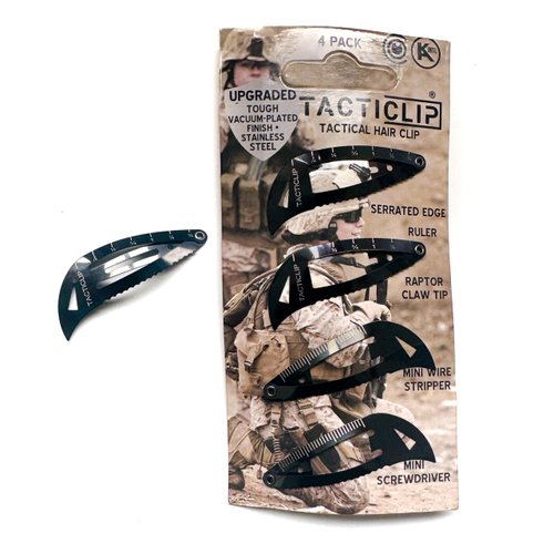 Tacticlip - 4 Pack - Spring Steel Tactical Hair Clips, Multitool Snap Black Barrettes - Multi-Functional Keychain Metal Multi Tool - Copper Rivet, Minimalist Laser Engraving