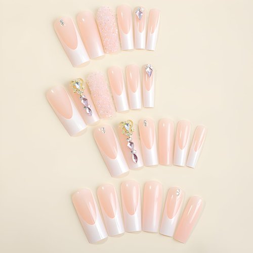 French Press on Nails Long Coffin Fake Nails Glossy Nude False Nails Rhinestones Full Cover Glue on Nails Design Acrylic Nails for Women