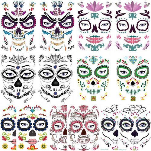 Hartop 14 Pack Halloween Temporary Tattoos Glitter Red Roses Day of The Dead Sugar Skull Face Tattoo Sticker