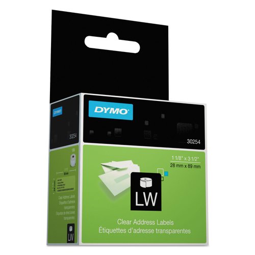 Dymo 30254 LW Address Labels, 1-1/8 x 3-1/2, Clear, 130 Labels/Roll, 1 Roll/BX