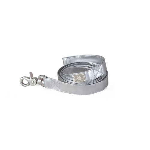 LazyBonezz Classic Durable Silver Faux Leather Dog Leash with Metal Clasp, Silver Medium