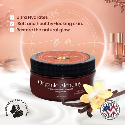 Organic Alchemy Whipped Argan Oil Body Butter for Dry Skin, Anti-Aging Body Cream Made for Women - Natural Skin Care, 8 OZ (Warm Vanilla Sugar)
