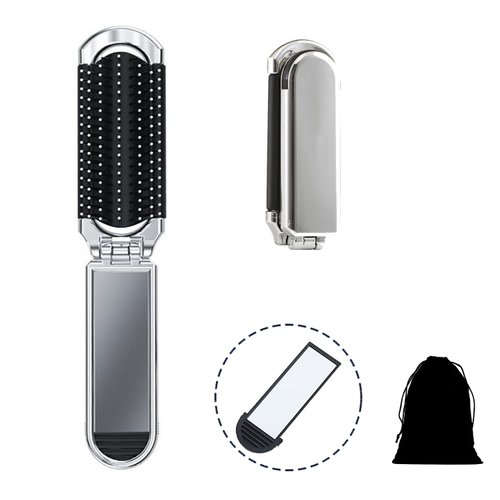 Travel Hair Brush Portable Folding Hair Brush with Mirror Mini Compact Hair Comb Collapsible Storage Bag Included