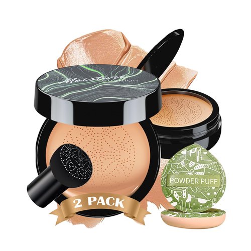 Mushroom Head Air Cushion CC Cream 2PCS Set - BB Cream Face Makeup Foundation with Power Puff for Mature Skin Moisturizing Concealer Brighten Long-Lasting, Skin Tone for All Skin Types(Medium Deep)
