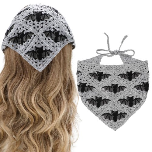 BQSAZHYJ Gothic Crochet Headbands Bat Pattern Bandana for Women, Cotton Knit Triangle Headband Greyscale Halloween Style Head Scarf Christmas Vintage Crochet Hair Styling Decor