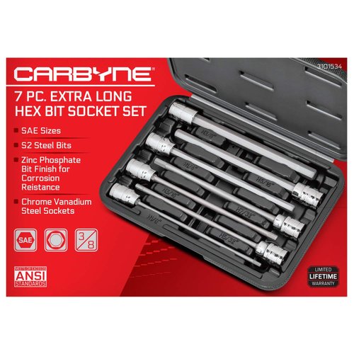 CARBYNE SAE Extra Long Hex (Allen) Bit Socket Set - 7 Pieces, (1/8 inch to 3/8 inch Sizes), 3/8" Drive, S2 Steel Bits, CrV Sockets • From a Family-Run Tool Company Based in the U.S.A.