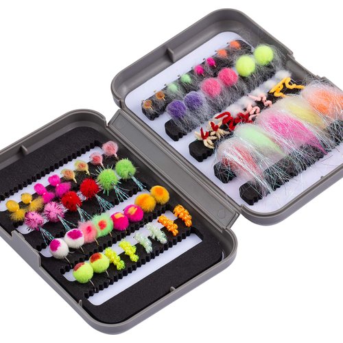 BASSDASH Trout Steelhead Salmon Fishing Flies Barbed Barbless Fly Hooks Include Dry Wet Flies Nymphs Streamers Eggs, Fly Lure Kit with Fly Box (57pcs Barbed Steelhead/Salmon/Trout Flies)