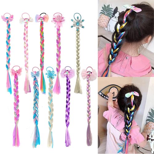 10 Pieces Colored Braids Hair Extensions with Rubber Bands Ponytails Hair Bows Rainbow Braided Synthetic Hairpieces Glitter for Women Kids Girls Party Highlights Cosplay Dress Up