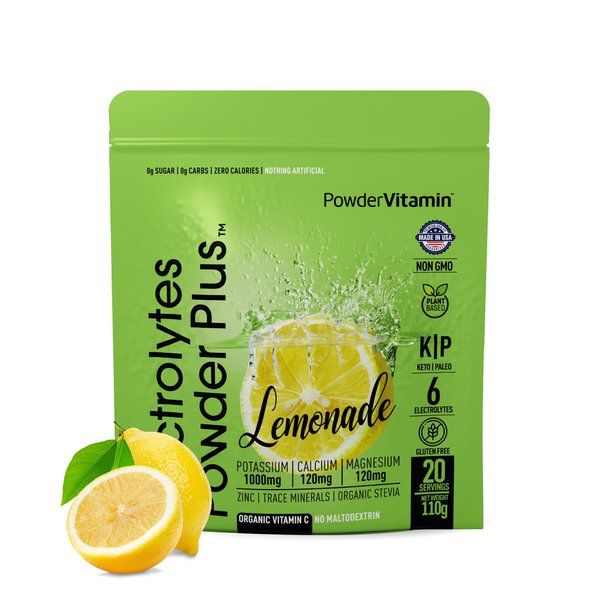 PowderVitamin Electrolytes Powder Plus (20 Servings) Lemonade Electrolyte Powder, No Maltodextrin, Keto,Sugar Free,Pink Himalayan Salt,1000mg Potassium,120mg Calcium,120mg Magnesium,Hydration Powder
