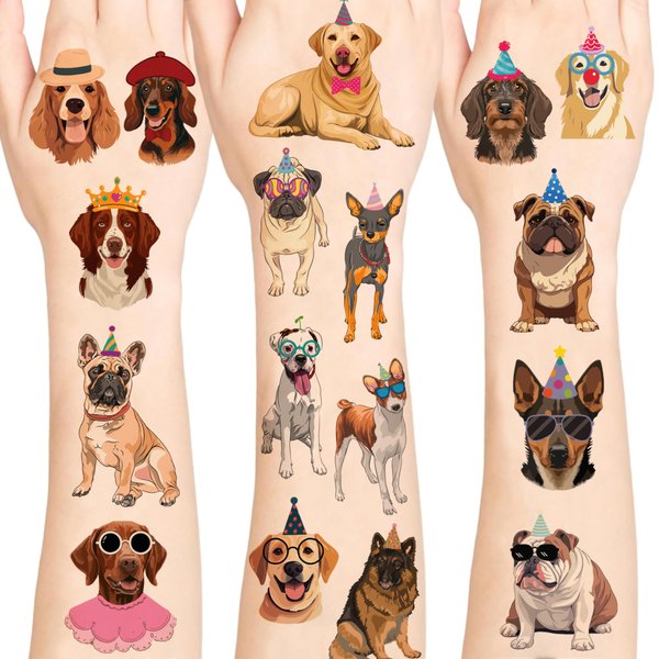 Dog Temporary Tattoos, Dog Waterproof Temporary Tattoo Stickers for Birthday Decorations, Party Supplies Party Favors, School Rewards Gifts