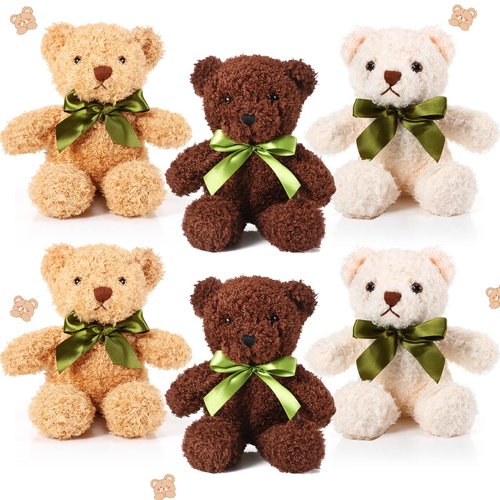 HyDren 6 Pcs Bears Bulk Stuffed Animal Small Bears Baby Shower Bears Plush Toys Employee Appreciation Easter Graduation Gifts(White, Brown, Dark Brown, Fuzzy Style)