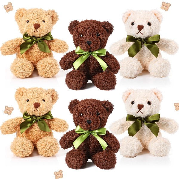 HyDren 6 Pcs Bears Bulk Stuffed Animal Small Bears Baby Shower Bears Plush Toys Employee Appreciation Easter Graduation Gifts(White, Brown, Dark Brown, Fuzzy Style)