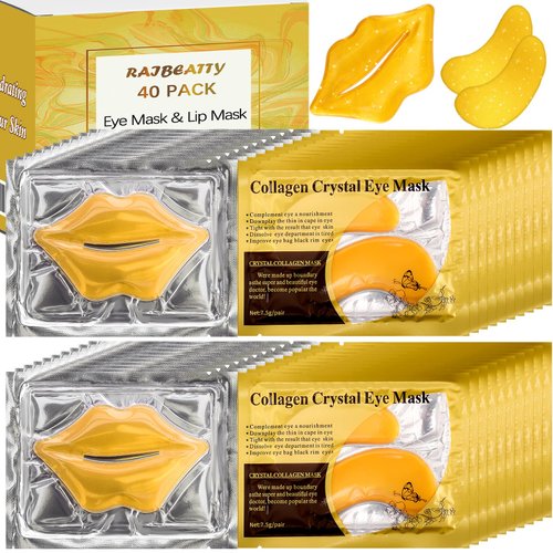 RAIBEATTY 40 Pcs Collagen Lip Mask Sheet and Under Eye Mask,Gold Lip Masks Skincare,Gold Under Eye Patches for Puffy Eyes and Dark Circles,Moisturizing Reducing Fine Lines,Lip and Eye Mask Set