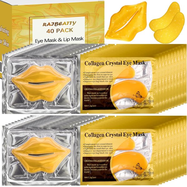 RAIBEATTY 40 Pcs Collagen Lip Mask Sheet and Under Eye Mask,Gold Lip Masks Skincare,Gold Under Eye Patches for Puffy Eyes and Dark Circles,Moisturizing Reducing Fine Lines,Lip and Eye Mask Set