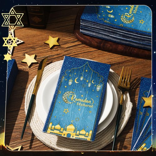 Yeaqee 100 Pcs Eid Mubarak Ramadan Napkins Eid Mubarak Party Supplies Disposable Paper Napkins Navy Blue and Gold Eid Mubarak Guest Hand Towels Moons Stars Napkins for Muslim Kitchen Holiday Party