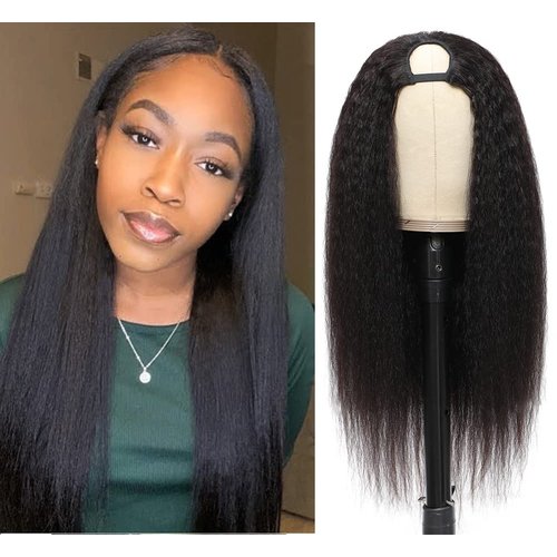 U Part Wig Kinky Straight Wigs for Black Women, 12 inch Italian Half Wig Upgraded U Shape Clip in Wigs Yaki Straight UPart Remy Human Hair Extension