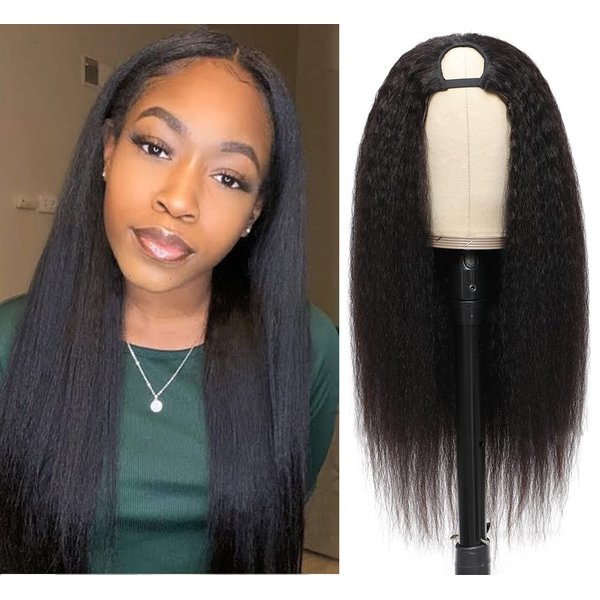 U Part Wig Kinky Straight Wigs for Black Women, 12 inch Italian Half Wig Upgraded U Shape Clip in Wigs Yaki Straight UPart Remy Human Hair Extension