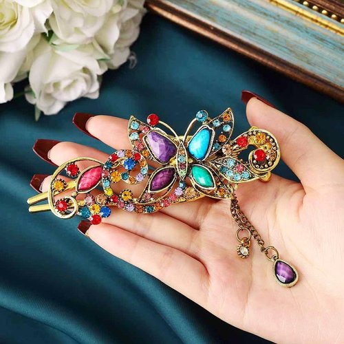 Casdre Baroque Butterflies Hair Clip Gold Crystal Vintage Hair Barrette Party Hair Piece Evening Party Hair Accessories for Women and Girls(A Colorful)