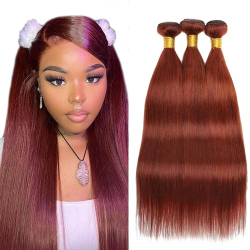 Reddish Brown Bundles Human Hair Copper Straight Human Hair Bundles Brazilian Virgin Hair 3 Bundles 16 16 16 Inch Red Straight Bundles Color #33 Bundles Remy Hair Extensions