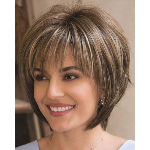 JOLNVCA Pixie Cut Layered Short Brown Wigs with Bangs Straight Synthetic Hair Wigs for White Women (Blonde Mixed Brown)