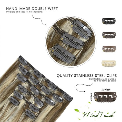 WindTouch Clip In Hair Extensions Real Human Hair Balayage Ash Blonde to Platinum Blonde Hair Clip Ins Highlights For Blonde Thick Full End(120g 18Inch 7PCS)