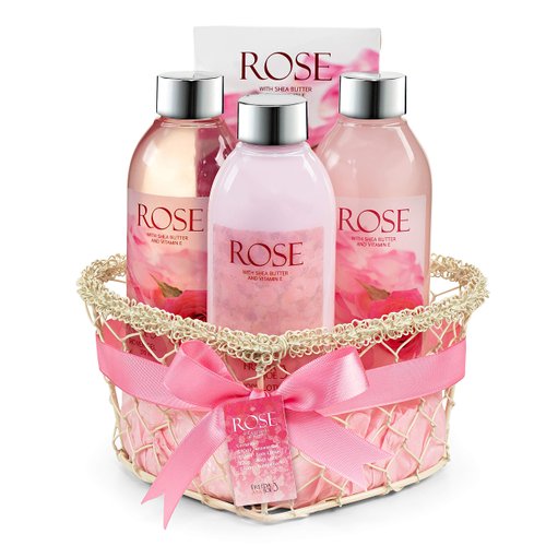 Heart Pink Rose Spa Bath and Body Gift Basket for Women with Shower Gel, Bubble Bath and Body lotion and Bath Salt Bath Gift Set