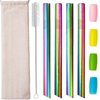 Reusable Boba Smoothie Straw Rainbow Metal Straws Wide Thick Fat Angled Tip Sharp End Straw for Milkshake Jumbo Bubble Tea Straws With Carry Case Bag Silicone Tips Brush 12mm 0.5in 4 Pack
