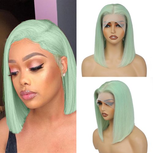 Savasana Fruit Green Human Hair Bob Wig 13x4 Lace Front Glueless Wigs 180% Density 12 Inches Straight Bob Wigs