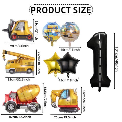 Construction 1st Birthday Party Decorations, 9pcs Construction Birthday Number Foil Balloon for Construction Trucks 1st Birthday Construction Theme Party Supplies (1st)
