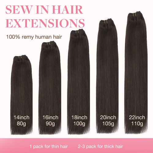 GOO GOO Sew in Hair Extensions Real Human Hair, Weft Hair Extensions Human Hair, 2A Light Brown 20 Inch-105g, Weft Bundles Straight Silky Remy Hair