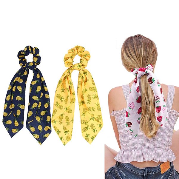 2 Pack Fruits Print Hair Scarf Scrunchies Strawberry Pineapple Hair Scarves Ponytail Holder Scrunchy Ties Chiffon Floral Scarf Scrunchies for Women (Pineapple)