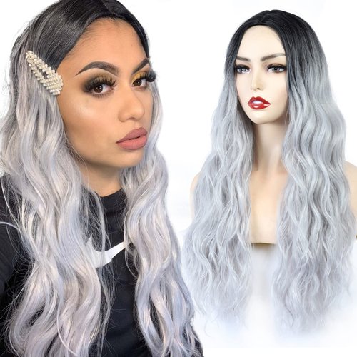vroosar 26inch Ombre Silver Long Wavy Wigs for Women Synthetic Curly Wig Heat Resistant Party Cosplay Halloween Costume Wigs for Girls…
