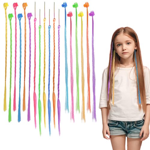 TIESOME 36 PCS Colored Hair Extensions for Kids, 3 Styles Curly Braided Straight Rainbow Braided ...