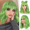 CLIONE Green Wigs for Women Short Wavy Bob Wig with Bangs Shoulder Length Natural Wavy Synthetic Wig Short Fluffy Bob Curly Wigs Cosplay Party Costume Wigs（Mix Green 14 Inch）