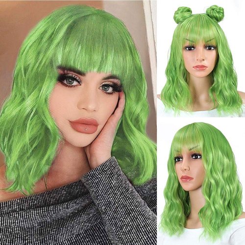 CLIONE Green Wigs for Women Short Wavy Bob Wig with Bangs Shoulder Length Natural Wavy Synthetic Wig Short Fluffy Bob Curly Wigs Cosplay Party Costume Wigs（Mix Green 14 Inch）