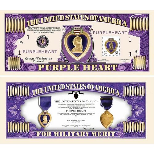 10 Purple Heart One Million Dollar Bills with Bonus “Thanks a Million” Gift Card Set