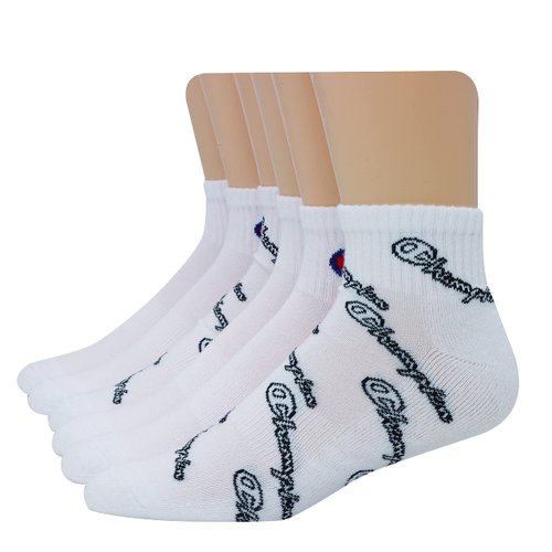 Champion Men's Double Dry Moisture Wicking Ankle Socks 6, 8, 12 Packs Availabe, White with All Over Script-6 Pack, 6-12